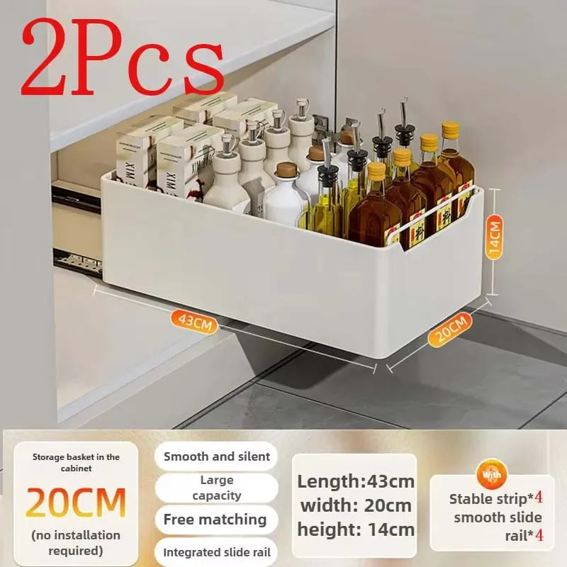 Pull-Out Kitchen Drawer Storage Rack for Cabinets with Smooth Slide Rails