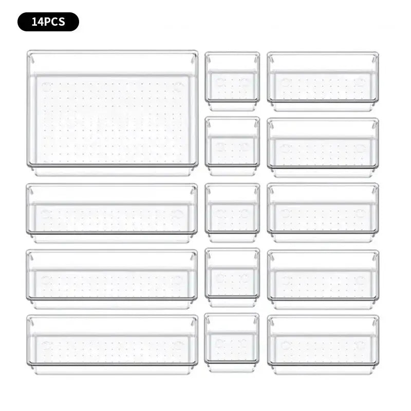 Clear Drawer Organizer Set – 7/14-Piece Modular Storage for Makeup, Jewelry & Office Essentials