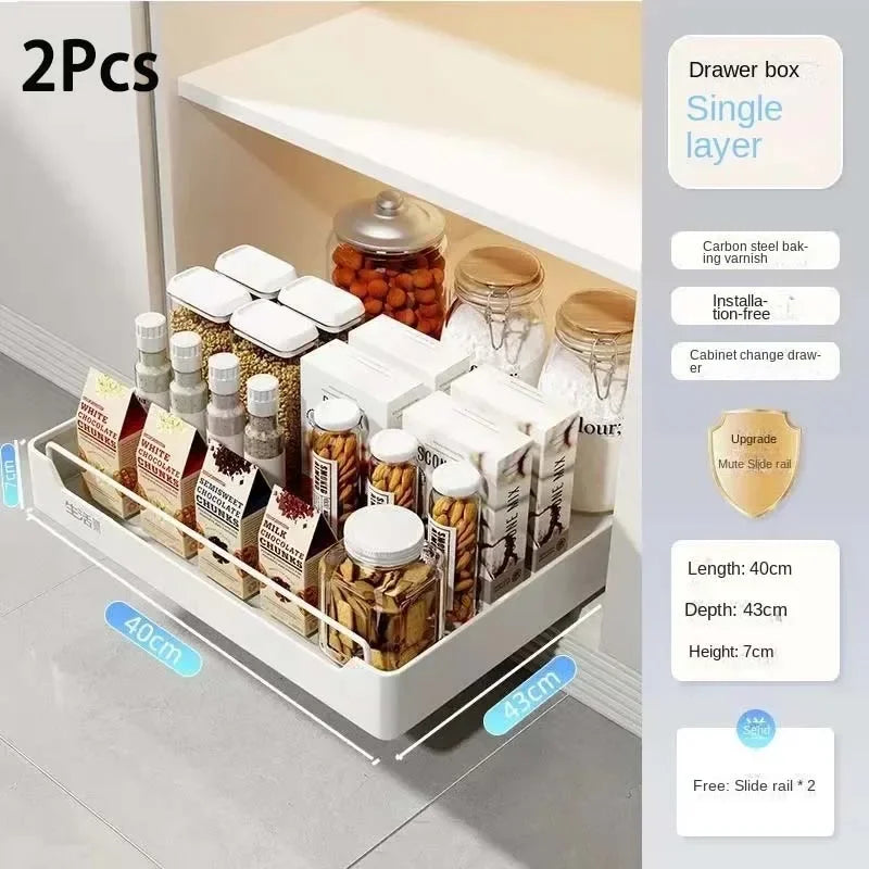 Pull-Out Kitchen Drawer Storage Rack for Cabinets with Smooth Slide Rails