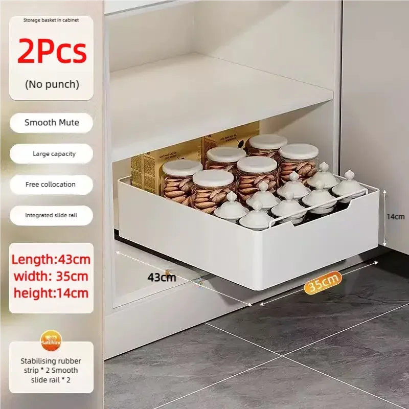 Pull-Out Kitchen Drawer Storage Rack for Cabinets with Smooth Slide Rails