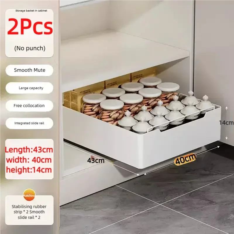 Pull-Out Kitchen Drawer Storage Rack for Cabinets with Smooth Slide Rails