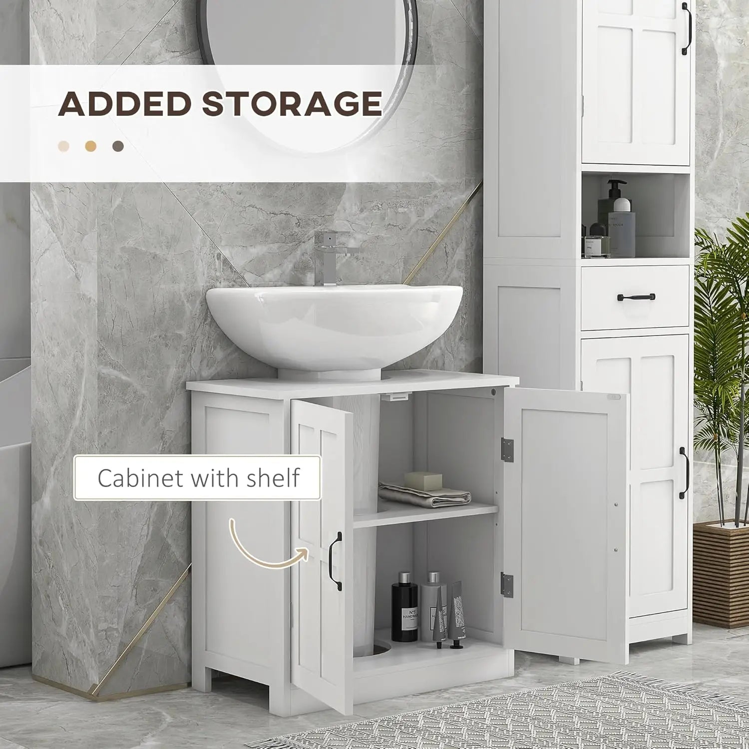 Under Sink Bathroom Storage Cabinet – U-Shape Pedestal Vanity Organizer with 2 Doors & Adjustable Shelf