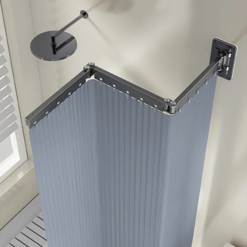 Space-Saving Folding Shower Curtain Rod Set – Waterproof Curtain & Retractable Bathroom Divider