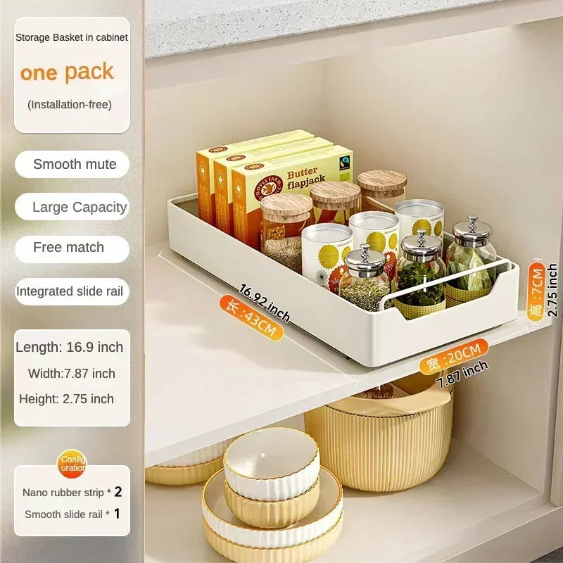 Pull-Out Kitchen Drawer Storage Rack for Cabinets with Smooth Slide Rails