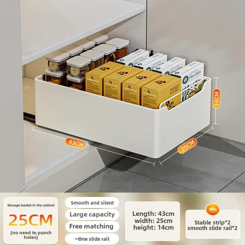 Pull-Out Kitchen Drawer Storage Rack for Cabinets with Smooth Slide Rails