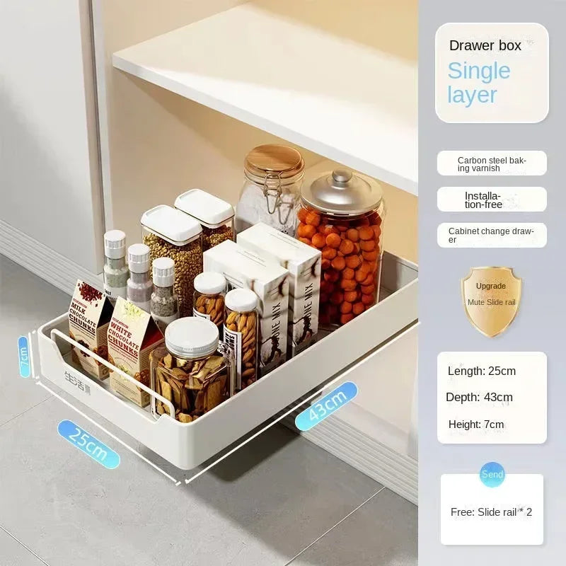 Pull-Out Kitchen Drawer Storage Rack for Cabinets with Smooth Slide Rails
