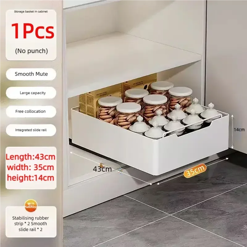 Pull-Out Kitchen Drawer Storage Rack for Cabinets with Smooth Slide Rails