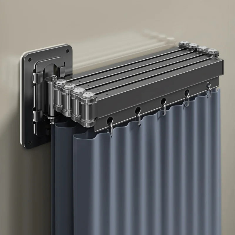 Space-Saving Folding Shower Curtain Rod Set – Waterproof Curtain & Retractable Bathroom Divider