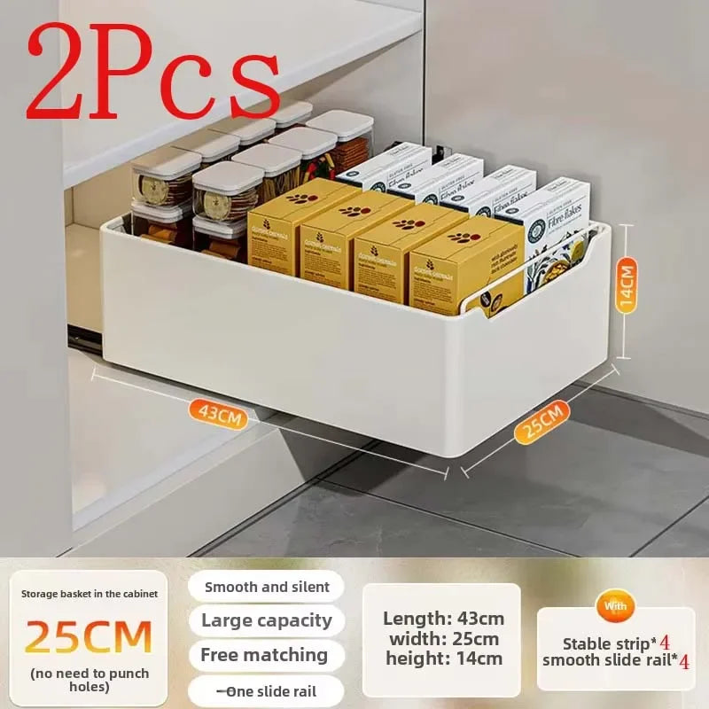 Pull-Out Kitchen Drawer Storage Rack for Cabinets with Smooth Slide Rails