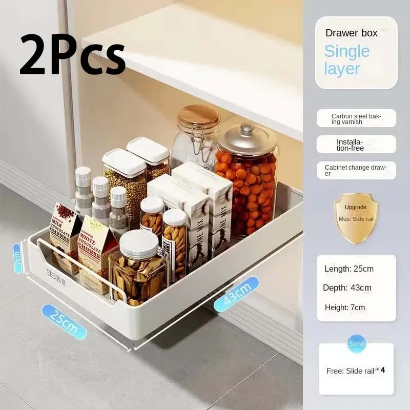 Pull-Out Kitchen Drawer Storage Rack for Cabinets with Smooth Slide Rails
