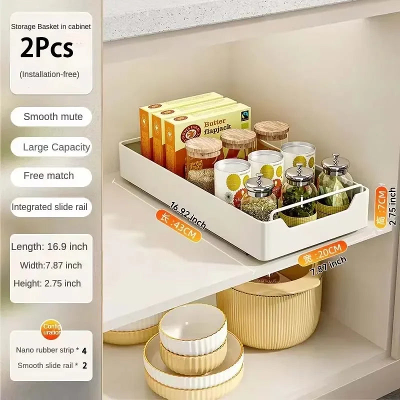 Pull-Out Kitchen Drawer Storage Rack for Cabinets with Smooth Slide Rails
