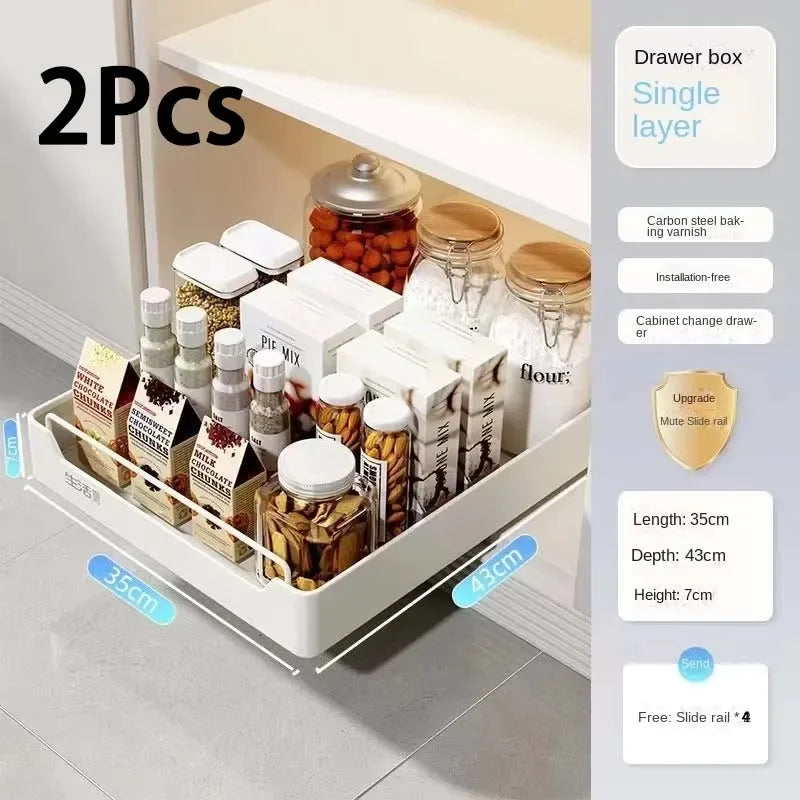 Pull-Out Kitchen Drawer Storage Rack for Cabinets with Smooth Slide Rails