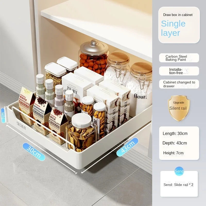 Pull-Out Kitchen Drawer Storage Rack for Cabinets with Smooth Slide Rails