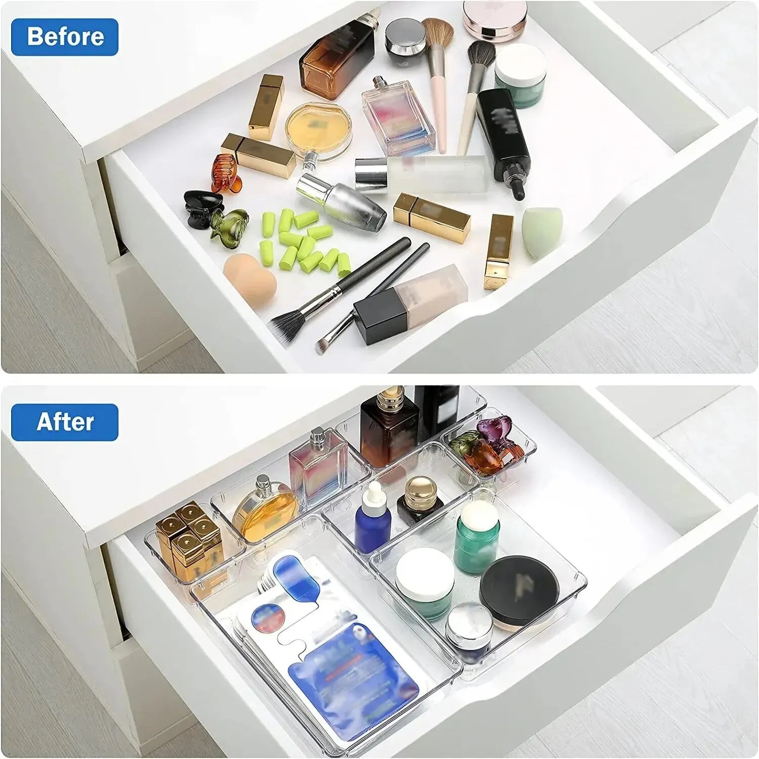 Clear Drawer Organizer Set – 7/14-Piece Modular Storage for Makeup, Jewelry & Office Essentials