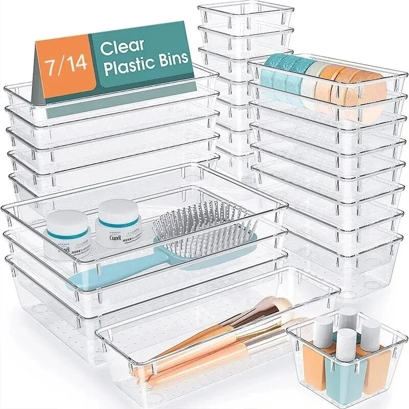 Clear Drawer Organizer Set – 7/14-Piece Modular Storage for Makeup, Jewelry & Office Essentials